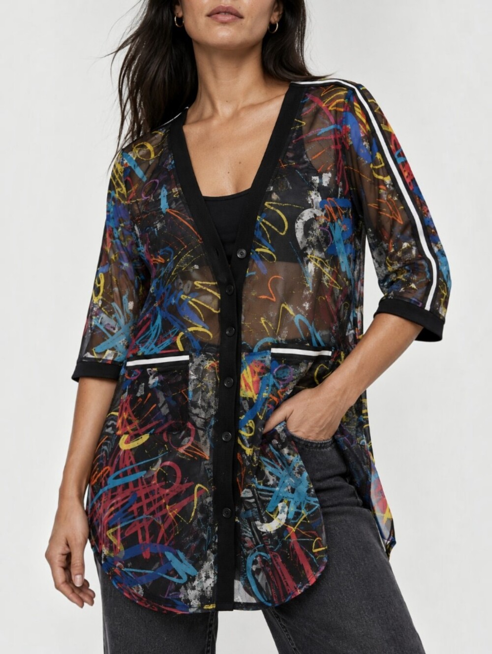 Joseph Ribkoff Sheer Mesh Graffiti Print See Through Button Front Tunic Top 8